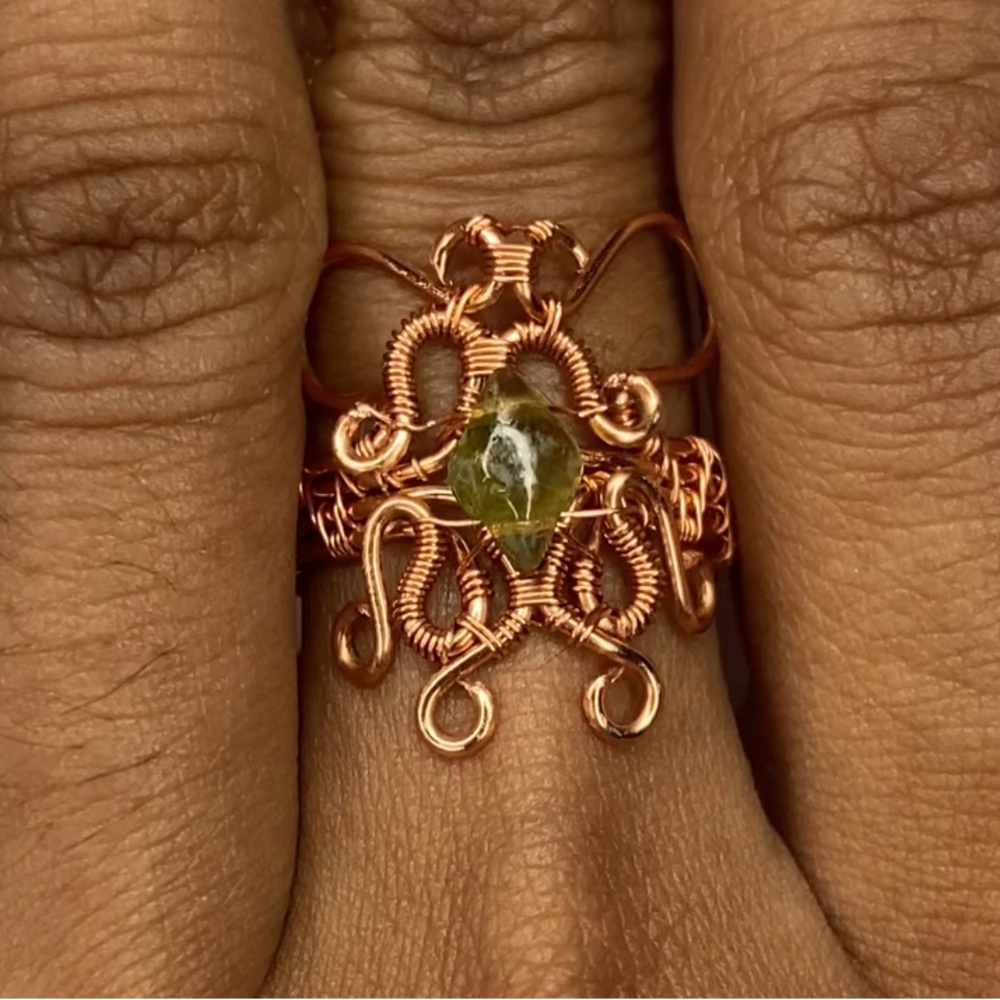 Elegant Copper Wire Wrapped Ring with Green Stone